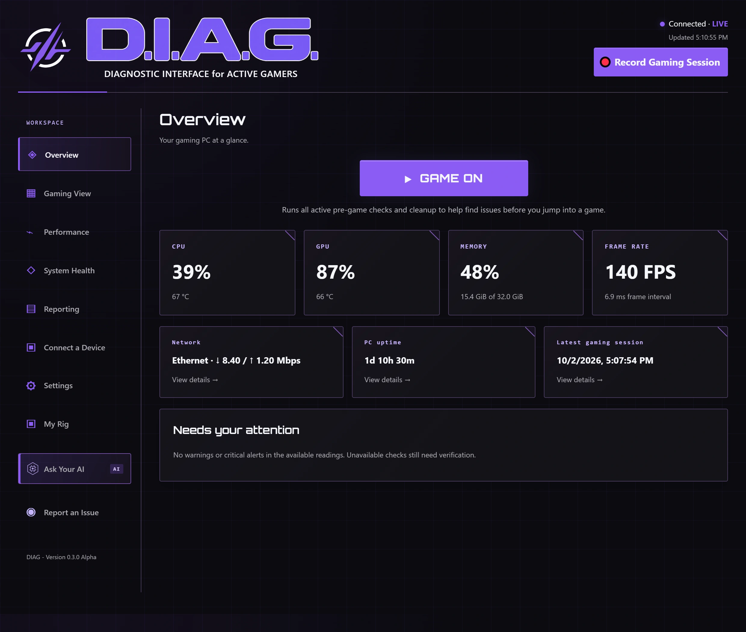DIAG system performance dashboard with illustrative readings